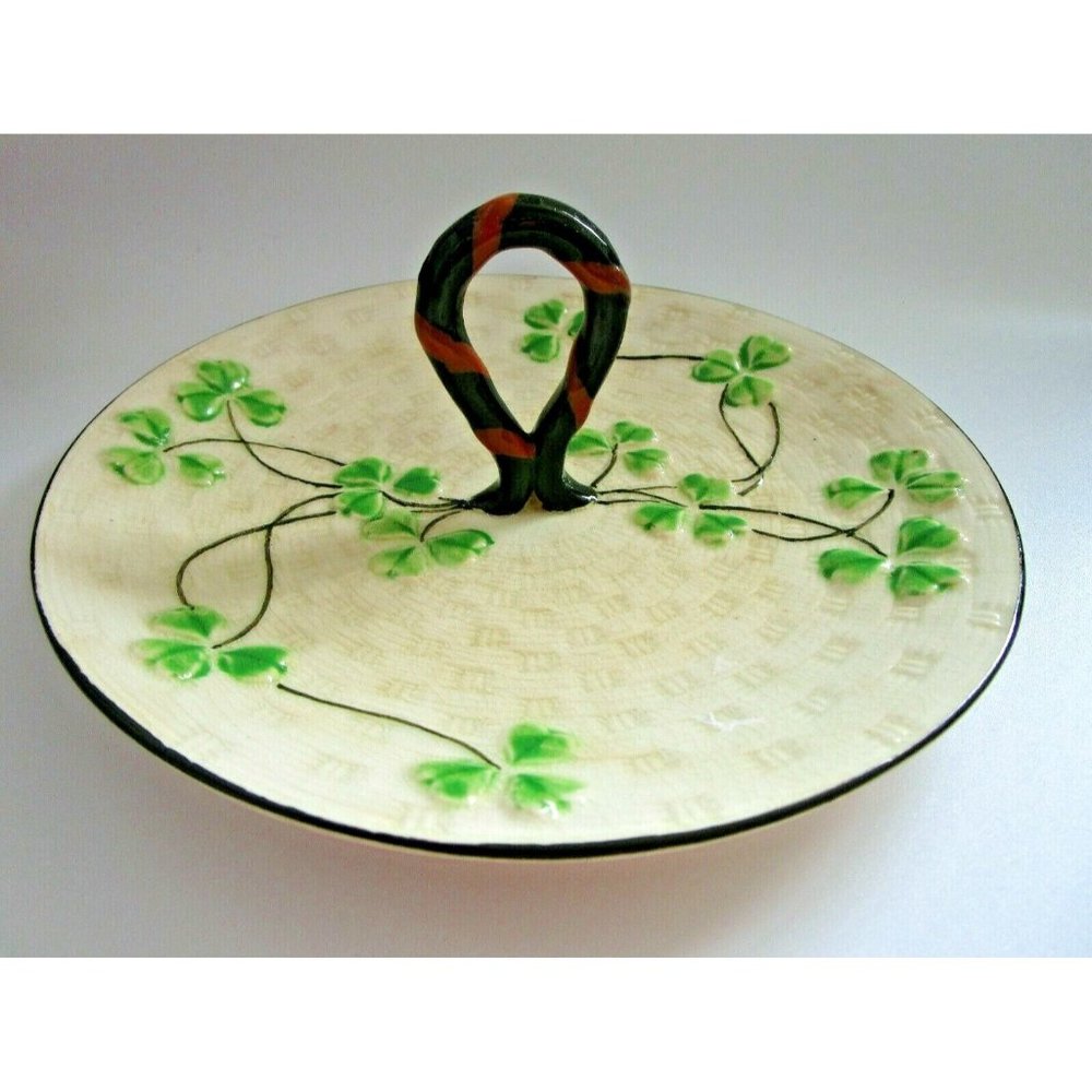 VTG Maruhon Ware SHAMROCK Clover CHINA Serving PLATE Handle Hand Painted Japan